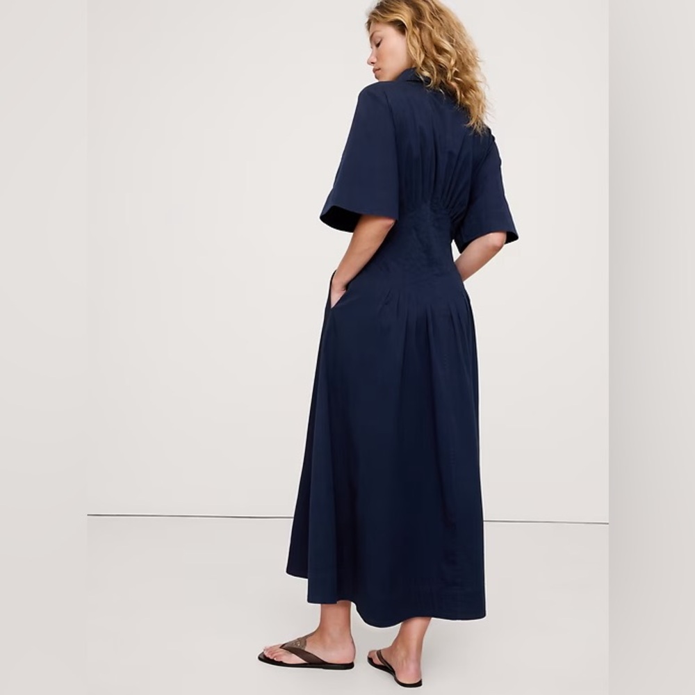 NWT! Banana Republic Navy Stretch-Cotton Poplin Pintuck Long-Midi Shirt Dress - Picture 5 of 8